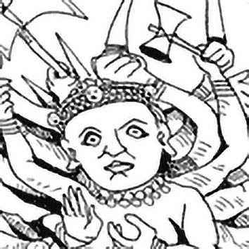 Picture of the Indian War Goddess Durga from our Indian mythology image library. Illustration by Chas Saunders.