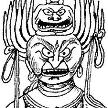 Picture of the Buddhist Love God Aizen Myo'o from our Buddhist mythology image library. Illustration by Chas Saunders.